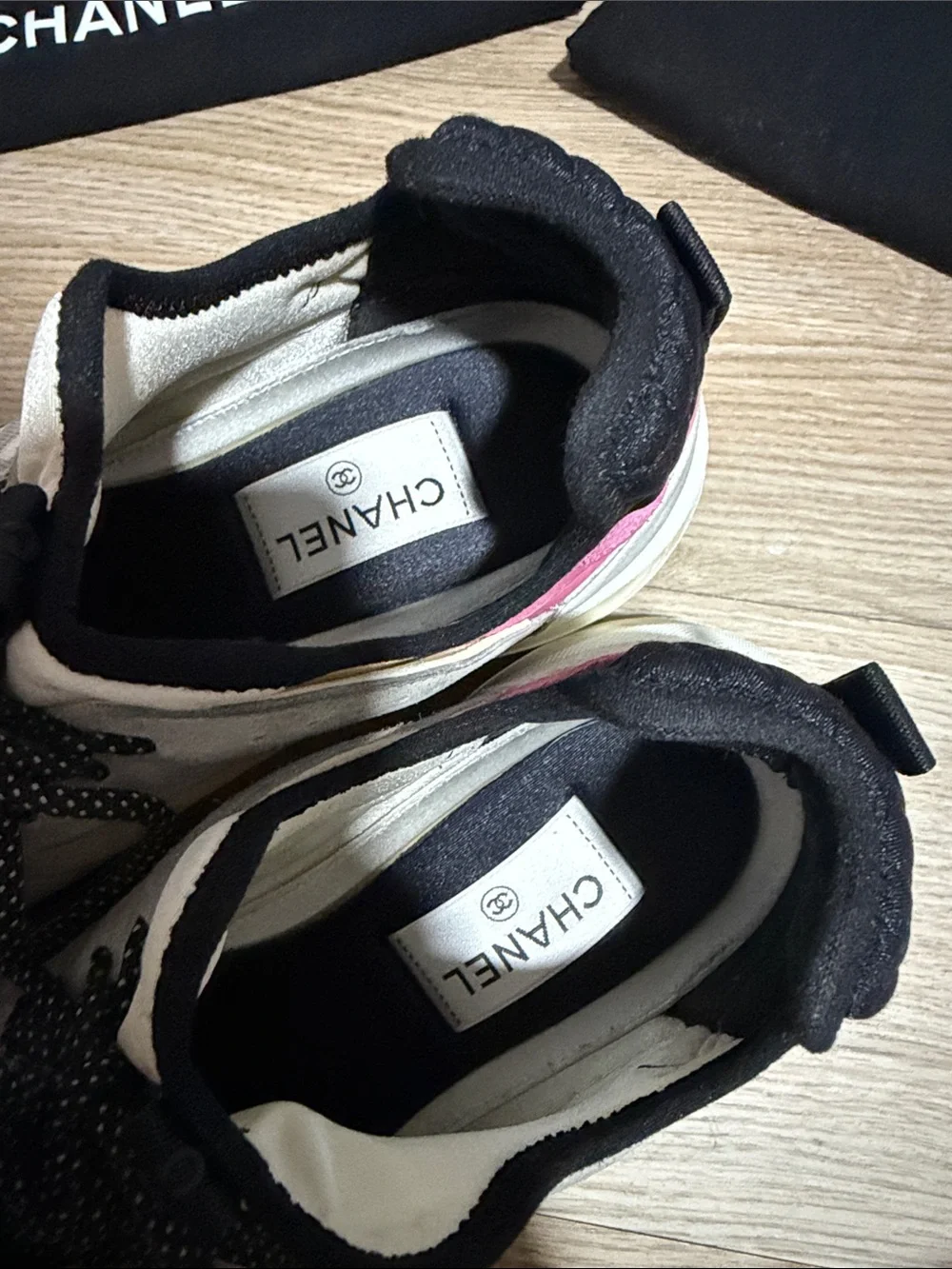 CHANEL Black, White & Pink Tennis Shoes With 2 Dustbags For Each Shoe